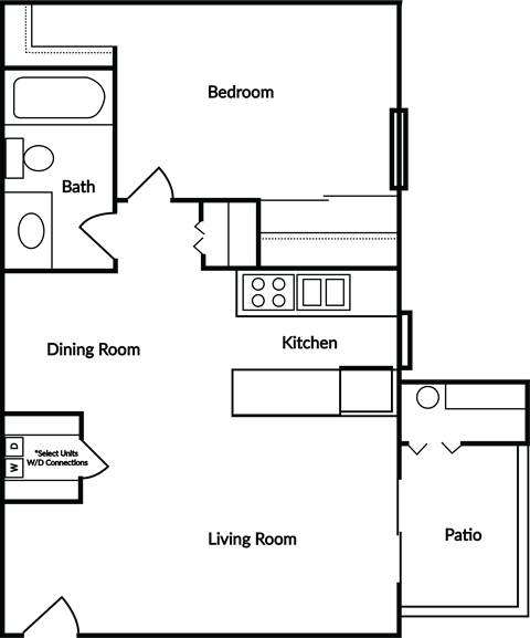 Floor plan for 1 bed, 1 bath, 750 sqft